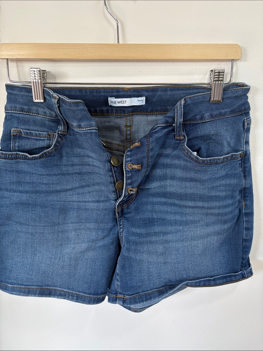 Nine West Medium Blue Button-Fly Denim Shorts